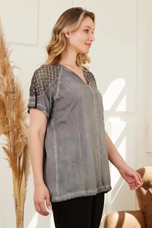 Tie Waist Shoulder Detailed Plus Size Smoked Gray Blouse - 2