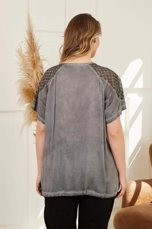 Tie Waist Shoulder Detailed Plus Size Smoked Gray Blouse - 4