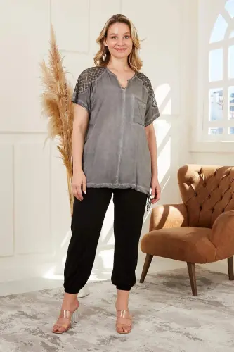 Tie Waist Shoulder Detailed Plus Size Smoked Gray Blouse - 5