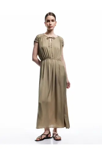 Tied Collar Sleeveless Midi Gathered Satin Dress - 2