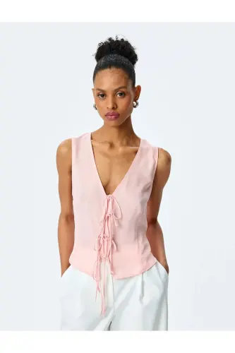 Tied Detailed Crepe Fabric Sleeveless Blouse - 3