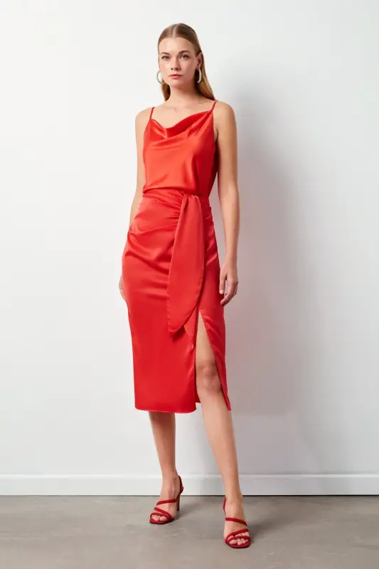 Tied Satin Skirt - Coral - SATEEN