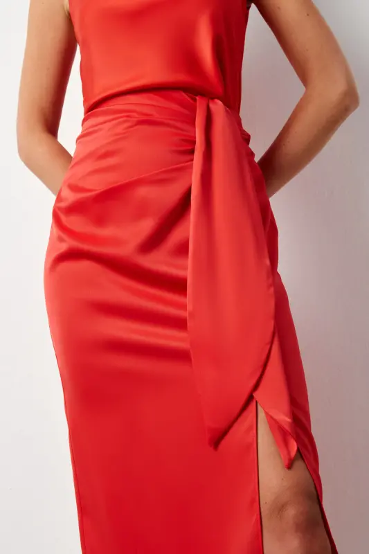 Tied Satin Skirt - Coral - 4