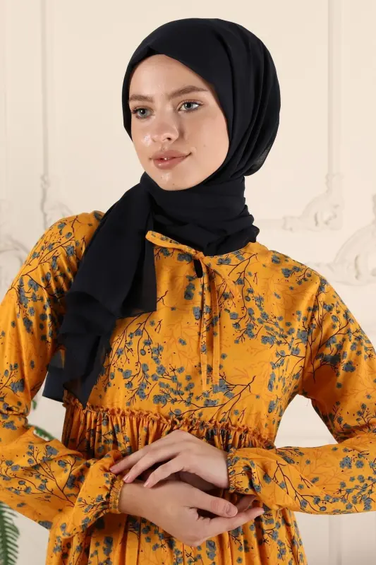 Tiered Ruffle Floral Gypsy Viscose Dress Muslim Dress Mom Dress Prayer Dress-Yellow - 1