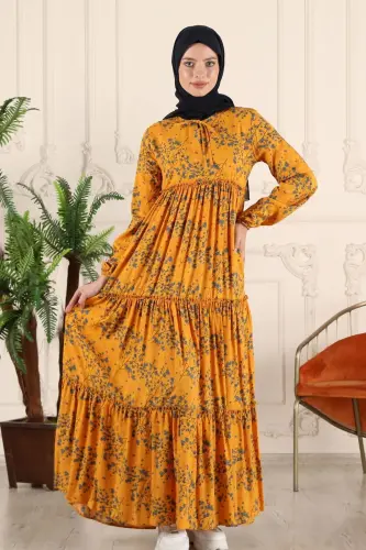 Tiered Ruffle Floral Gypsy Viscose Dress Muslim Dress Mom Dress Prayer Dress-Yellow - FISTAN (1)