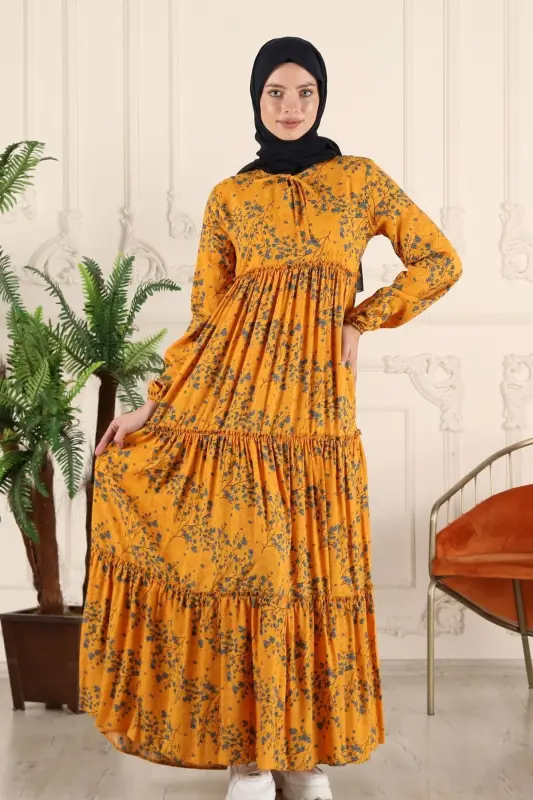 Tiered Ruffle Floral Gypsy Viscose Dress Muslim Dress Mom Dress Prayer Dress-Yellow - 2