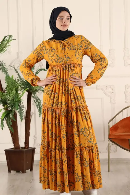 Tiered Ruffle Floral Gypsy Viscose Dress Muslim Dress Mom Dress Prayer Dress-Yellow - 3