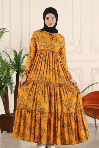 Tiered Ruffle Floral Gypsy Viscose Dress Muslim Dress Mom Dress Prayer Dress-Yellow - 4
