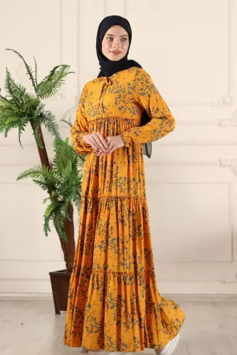 Tiered Ruffle Floral Gypsy Viscose Dress Muslim Dress Mom Dress Prayer Dress-Yellow - 5