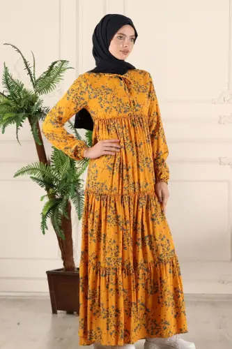 Tiered Ruffle Floral Gypsy Viscose Dress Muslim Dress Mom Dress Prayer Dress-Yellow - 6