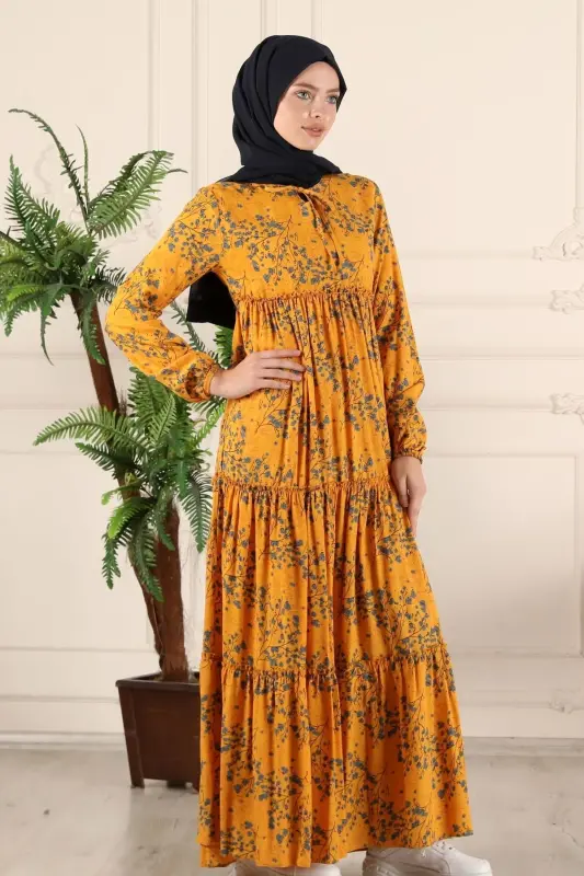 Tiered Ruffle Floral Gypsy Viscose Dress Muslim Dress Mom Dress Prayer Dress-Yellow - 6
