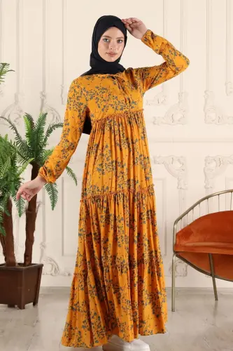 Tiered Ruffle Floral Gypsy Viscose Dress Muslim Dress Mom Dress Prayer Dress-Yellow - 7