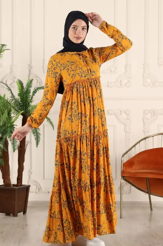 Tiered Ruffle Floral Gypsy Viscose Dress Muslim Dress Mom Dress Prayer Dress-Yellow - 7