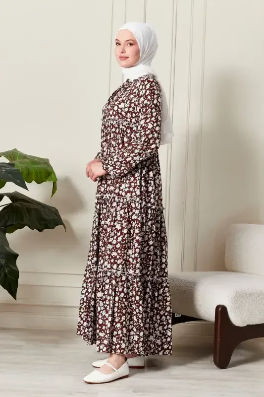 Tiered Skirt Floral Print Gypsy Viscose Dress Modest Dress Mother Dress Prayer Dress-Floral Pattern Brown - FISTAN