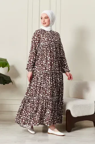 Tiered Skirt Floral Print Gypsy Viscose Dress Modest Dress Mother Dress Prayer Dress-Floral Pattern Brown - 3