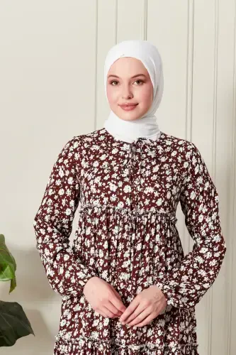 Tiered Skirt Floral Print Gypsy Viscose Dress Modest Dress Mother Dress Prayer Dress-Floral Pattern Brown - 5