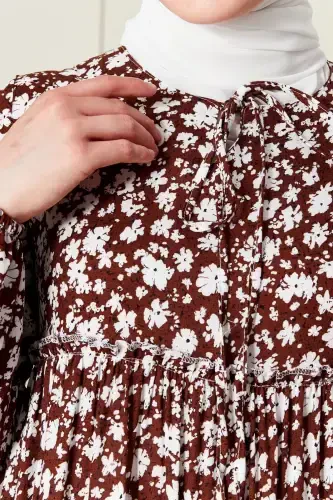 Tiered Skirt Floral Print Gypsy Viscose Dress Modest Dress Mother Dress Prayer Dress-Floral Pattern Brown - 6