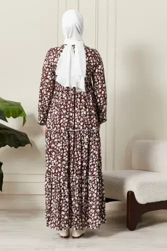 Tiered Skirt Floral Print Gypsy Viscose Dress Modest Dress Mother Dress Prayer Dress-Floral Pattern Brown - 7