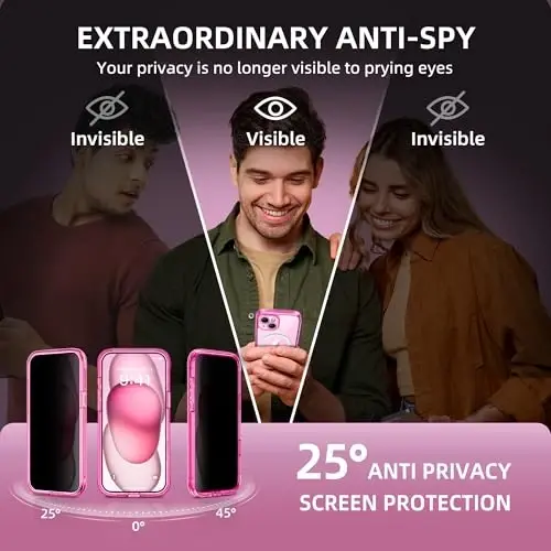 TIESZEN чехол для iPhone 15 Plus, совместимый с MagSafe, со встроенным защитным экраном для конфиденциальности и защитой камеры, противошпионский, полноразмерный, пыленепроницаемый, ударопрочный жесткий чехол для телефона 6,7 дюйма, прозрачно-розовый - 2