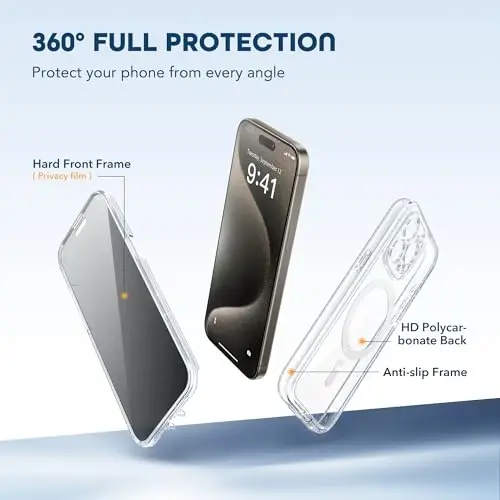 TIESZEN для чехла iPhone 15 Pro, совместимый с MagSafe, со встроенной защитной пленкой для экрана и защитой камеры, антишпионский, полноразмерный, пыленепроницаемый, ударопрочный жесткий чехол для телефона 6,1 дюйма, блестящий прозрачный - 4