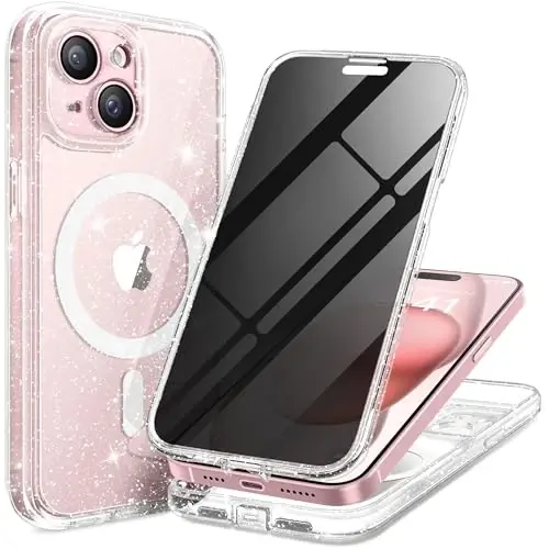 TIESZEN для чехла iPhone 15, совместимый с MagSafe, со встроенным защитным экраном для конфиденциальности и защитой камеры, противошпионский, полноразмерный, пыленепроницаемый, ударопрочный жесткий чехол для телефона 6,1