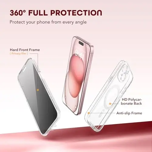 TIESZEN для чехла iPhone 15, совместимый с MagSafe, со встроенным защитным экраном для конфиденциальности и защитой камеры, противошпионский, полноразмерный, пыленепроницаемый, ударопрочный жесткий чехол для телефона 6,1