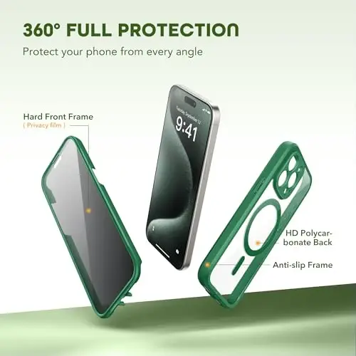 TIESZEN для iPhone 15 Pro Max, совместимый с MagSafe, встроенная защитная пленка для экрана и защита камеры, защита от шпионажа, защита от пыли и ударов, жесткий чехол для телефона 6,7