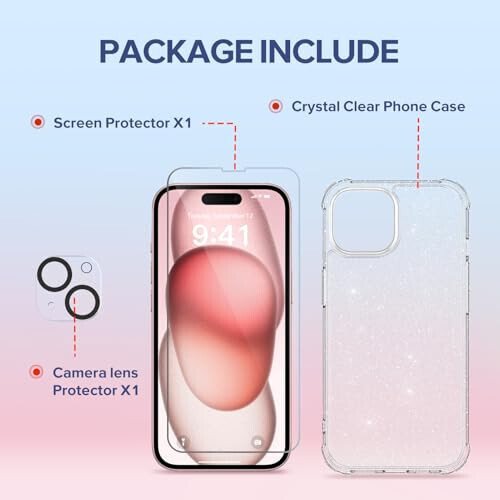 TIESZEN iPhone 15 Case, Glitter, with 2X Screen Protector + 2X Camera Lens Protector, [Non-Yellowing] Clear Sparkle Slim Shockproof Phone Cover for Women 6.1 Inch - 5