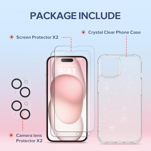 TIESZEN iPhone 15 Case, Glitter, with 2X Screen Protector + 2X Camera Lens Protector, [Non-Yellowing] Clear Sparkle Slim Shockproof Phone Cover for Women 6.1 Inch - 6