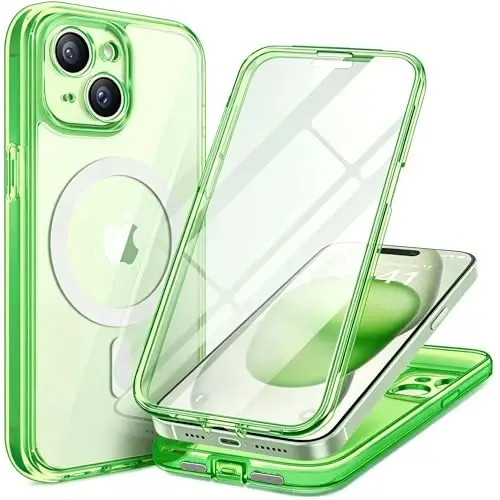 TIESZEN iPhone 15 G‘ilof uchun, MagSafe bilan mos keluvchi, o‘rnatilgan ekran himoyachisi va kamera himoyasi, To‘liq tana uchun chang o‘tkazmaydigan zarbaga chidamli qattiq telefon g‘ilofi 6.1