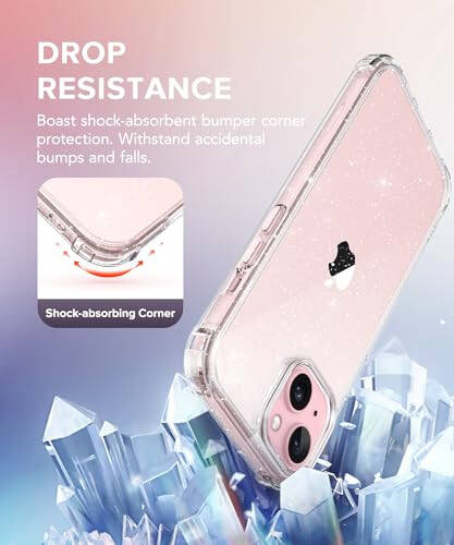 TIESZEN 3 in 1 Compatible with iPhone 15 Case Glitter, with Screen Protector + Camera Lens Protector, [Non-Yellowing] Clear Sparkle Slim Shockproof Hard Phone Cover for Women 6.1 Inch, Shiny Clear - 1