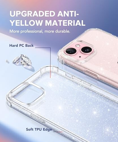 TIESZEN 3 in 1 Compatible with iPhone 15 Case Glitter, with Screen Protector + Camera Lens Protector, [Non-Yellowing] Clear Sparkle Slim Shockproof Hard Phone Cover for Women 6.1 Inch, Shiny Clear - 2