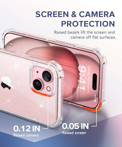 TIESZEN 3 in 1 Compatible with iPhone 15 Case Glitter, with Screen Protector + Camera Lens Protector, [Non-Yellowing] Clear Sparkle Slim Shockproof Hard Phone Cover for Women 6.1 Inch, Shiny Clear - 3