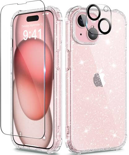 TIESZEN 3 in 1 Compatible with iPhone 15 Case Glitter, with Screen Protector + Camera Lens Protector, [Non-Yellowing] Clear Sparkle Slim Shockproof Hard Phone Cover for Women 6.1 Inch, Shiny Clear - 6