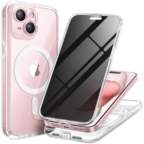 TIESZEN iPhone 15 Plus G‘ilof, MagSafe bilan mos keladi, o‘rnatilgan maxfiylik ekran himoyasi va kamera himoyasi, josuslikka qarshi to‘liq tana chang o‘tkazmaydigan zarbaga chidamli qattiq telefon g‘ilofi 6.7