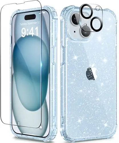 TIESZEN iPhone 15 Plus uchun mos keladigan tiniq yaltiroq g'ilof, [3 in 1] ekran himoyachisi + kamera linzalari himoyachisi bilan, [sarg'aymaydigan] yorqin zarbga chidamli qattiq telefon g'ilofi ayollar uchun 6,7