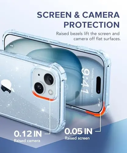 TIESZEN iPhone 15 Plus uchun mos keladigan tiniq yaltiroq g'ilof, [3 in 1] ekran himoyachisi + kamera linzalari himoyachisi bilan, [sarg'aymaydigan] yorqin zarbga chidamli qattiq telefon g'ilofi ayollar uchun 6,7