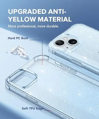 TIESZEN iPhone 15 Plus uchun mos keladigan tiniq yaltiroq g'ilof, [3 in 1] ekran himoyachisi + kamera linzalari himoyachisi bilan, [sarg'aymaydigan] yorqin zarbga chidamli qattiq telefon g'ilofi ayollar uchun 6,7