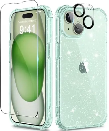 TIESZEN iPhone 15 Plus uchun mos keladigan tiniq yaltiroq gʻilof, ekran himoyachisi + kamera linzalari himoyachisi bilan [3 tasi 1 da], [sargʻaymaydigan] yaltiroq zarbga chidamli qattiq telefon gʻilofi ayollar uchun 6,7
