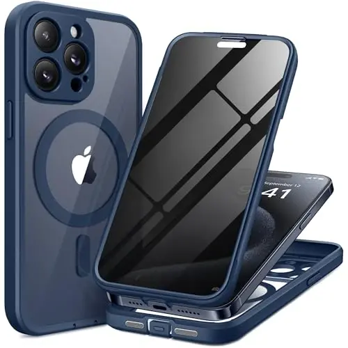 TIESZEN iPhone 15 Pro G‘ilof, MagSafe bilan mos keladi, o‘rnatilgan maxfiylik ekran himoyachisi va kamera himoyasi, josuslikka qarshi to‘liq korpus chang o‘tkazmaydigan zarbaga chidamli qattiq telefon g‘ilofi 6.1