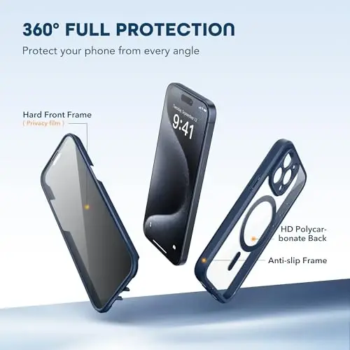 TIESZEN iPhone 15 Pro G‘ilof, MagSafe bilan mos keladi, o‘rnatilgan maxfiylik ekran himoyachisi va kamera himoyasi, josuslikka qarshi to‘liq korpus chang o‘tkazmaydigan zarbaga chidamli qattiq telefon g‘ilofi 6.1
