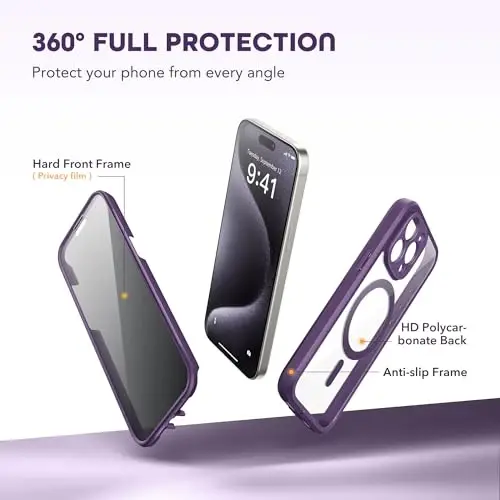 TIESZEN iPhone 15 Pro G‘ilofi, MagSafe bilan mos keladi, O‘rnatilgan Maxfiylik Ekran Himoyachisi va Kamera Himoyasi, Josuslikka qarshi To‘liq Tana Chang o‘tkazmaydigan Zarbga chidamli Qattiq Telefon G‘ilofi 6.1