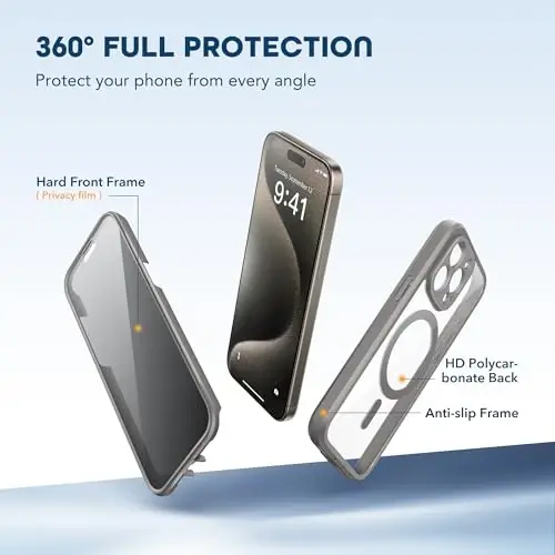 TIESZEN iPhone 15 Pro G‘ilofi, MagSafe bilan mos, o‘rnatilgan Maxfiylik Ekran Himoyachisi va Kamera Himoyasi, Josuslikka qarshi To‘liq tana Chang o‘tkazmaydigan zarbaga chidamli qattiq telefon g‘ilofi 6.1