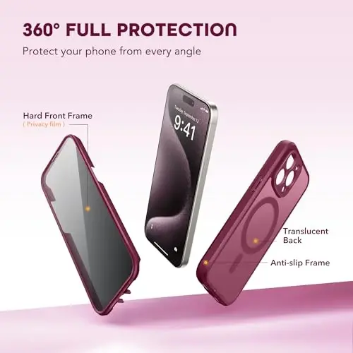 TIESZEN iPhone 15 Pro Max G‘ilofi, MagSafe bilan mos keladi, O‘rnatilgan Maxfiylik Ekran Himoyachisi va Kamera Himoyasi, Josuslikka qarshi To‘liq tana Chang o‘tkazmaydigan Zarbaga chidamli Qattiq telefon g‘ilofi 6.7