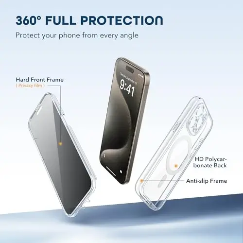 TIESZEN iPhone 15 Pro Max gʻilofi, MagSafe bilan mos keladigan, oʻrnatilgan maxfiylik ekran himoyasi va kamera himoyasi, josuslikka qarshi toʻliq tana chang oʻtkazmaydigan zarbaga chidamli qattiq telefon gʻilofi 6.7
