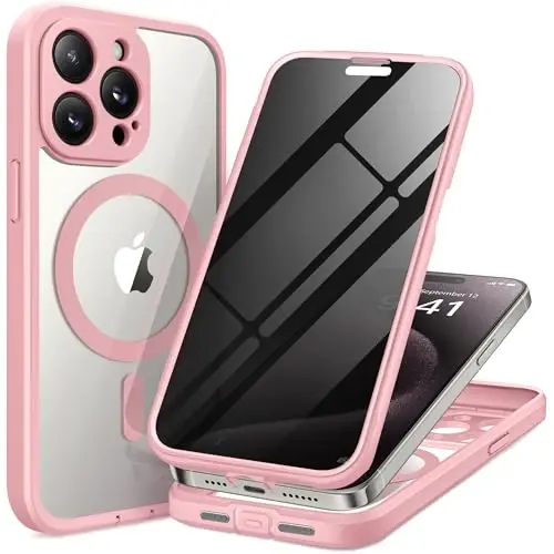 TIESZEN iPhone 15 Pro Max G‘ilofi, MagSafe bilan mos, o‘rnatilgan maxfiylik ekran himoyasi va kamera himoyasi, josuslikka qarshi to‘liq tana chang o‘tkazmaydigan zarbaga chidamli qattiq telefon g‘ilofi 6.7