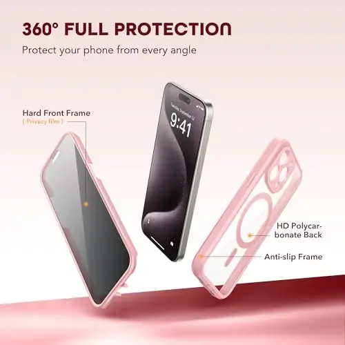 TIESZEN iPhone 15 Pro Max G‘ilofi, MagSafe bilan mos, o‘rnatilgan maxfiylik ekran himoyasi va kamera himoyasi, josuslikka qarshi to‘liq tana chang o‘tkazmaydigan zarbaga chidamli qattiq telefon g‘ilofi 6.7
