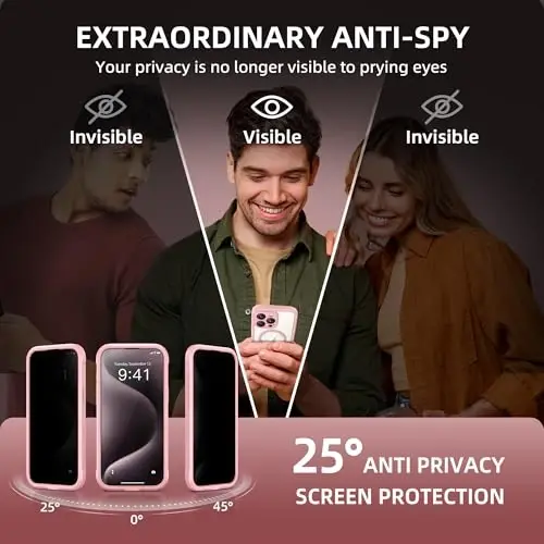 TIESZEN iPhone 15 Pro Max G‘ilofi, MagSafe bilan mos, o‘rnatilgan maxfiylik ekran himoyasi va kamera himoyasi, josuslikka qarshi to‘liq tana chang o‘tkazmaydigan zarbaga chidamli qattiq telefon g‘ilofi 6.7