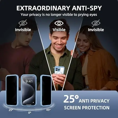 TIESZEN iPhone 15 Pro Max uchun g'ilof, MagSafe bilan mos, o'rnatilgan maxfiylik ekran himoyachisi va kamera himoyasi, Anti Spy to'liq korpusli chang o'tkazmaydigan zarbaga chidamli qattiq telefon g'ilofi 6,7