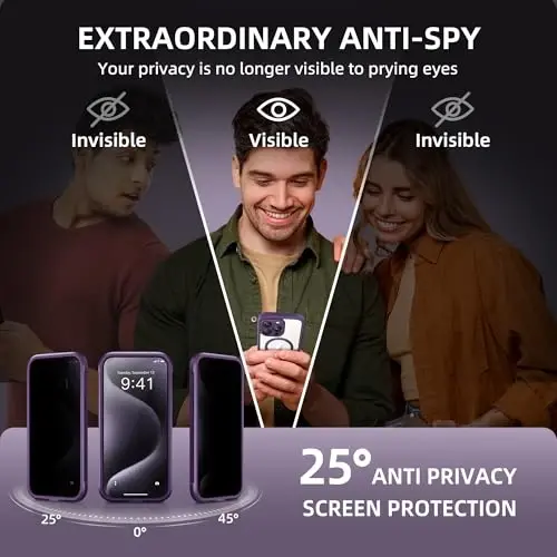 TIESZEN iPhone 15 Pro Max uchun gʻilof, MagSafe bilan mos, oʻrnatilgan maxfiylik ekran himoyachisi va kamera himoyasi, Anti Spy toʻliq korpusli chang oʻtkazmaydigan zarbga chidamli qattiq telefon gʻilofi 6,7